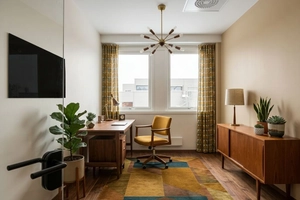 Odremontowane biuro domowe w stylu mid-century