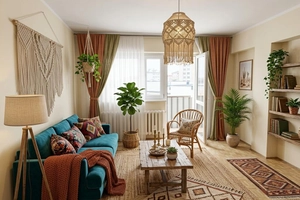 Odremontowany salon w stylu boho
