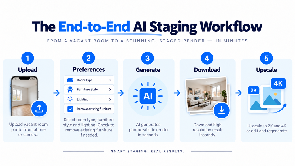 A six-step infographic explaining the end-to-end AI virtual staging workflow for transforming vacant rooms into photorealistic interiors.