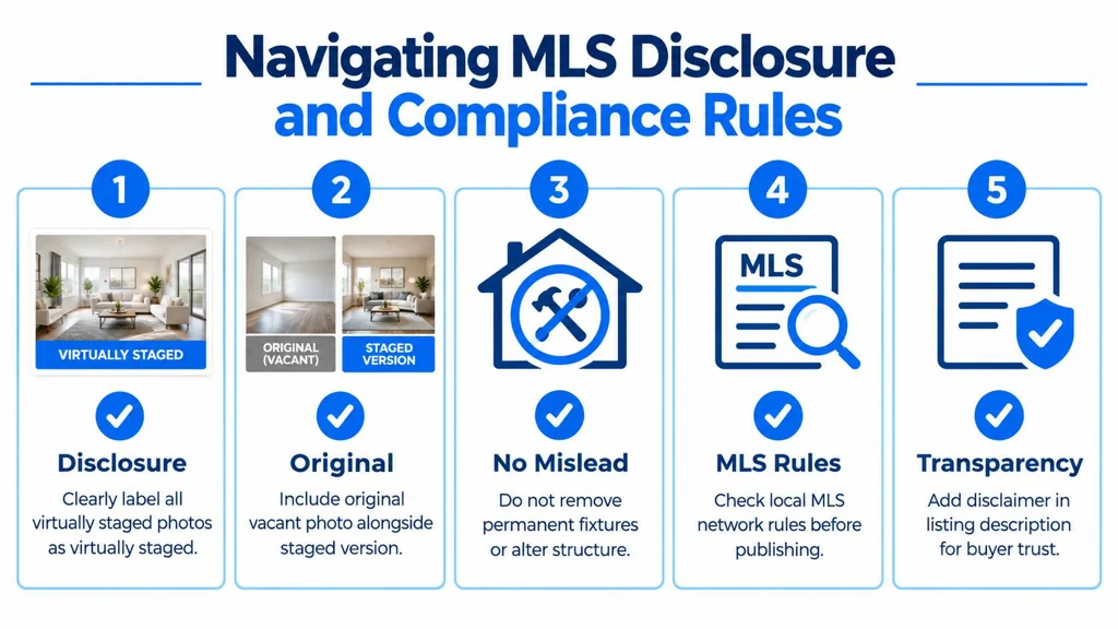 An infographic detailing five key rules for maintaining MLS disclosure and compliance when using virtual staging.
