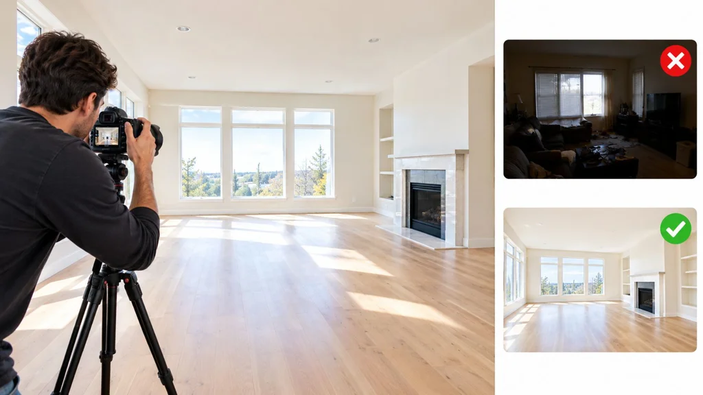 A professional photographer using a tripod to capture high-quality real estate photos of a bright, spacious living room.