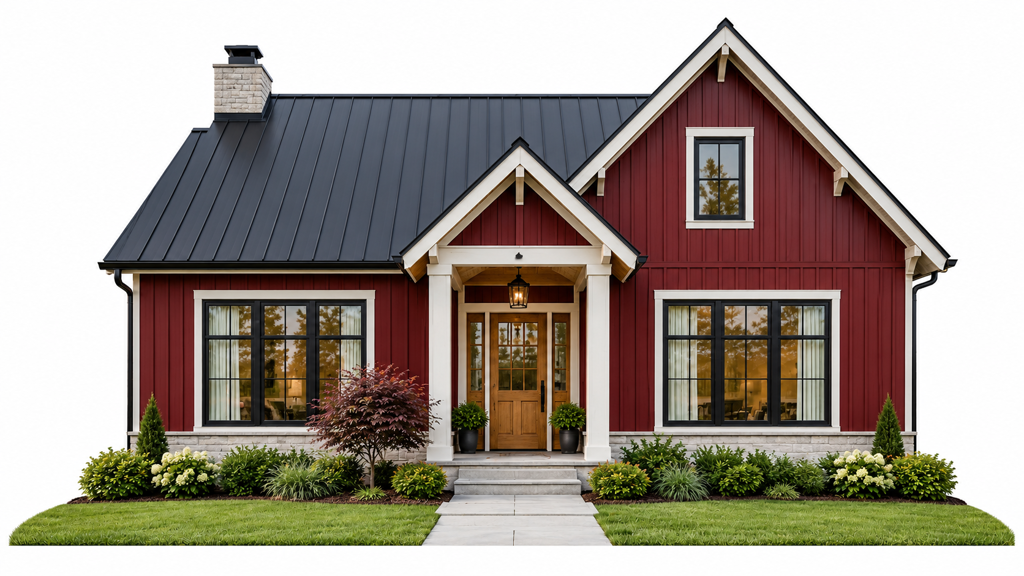 Rich Burgundy or Deep Red House with Black Metal Roof