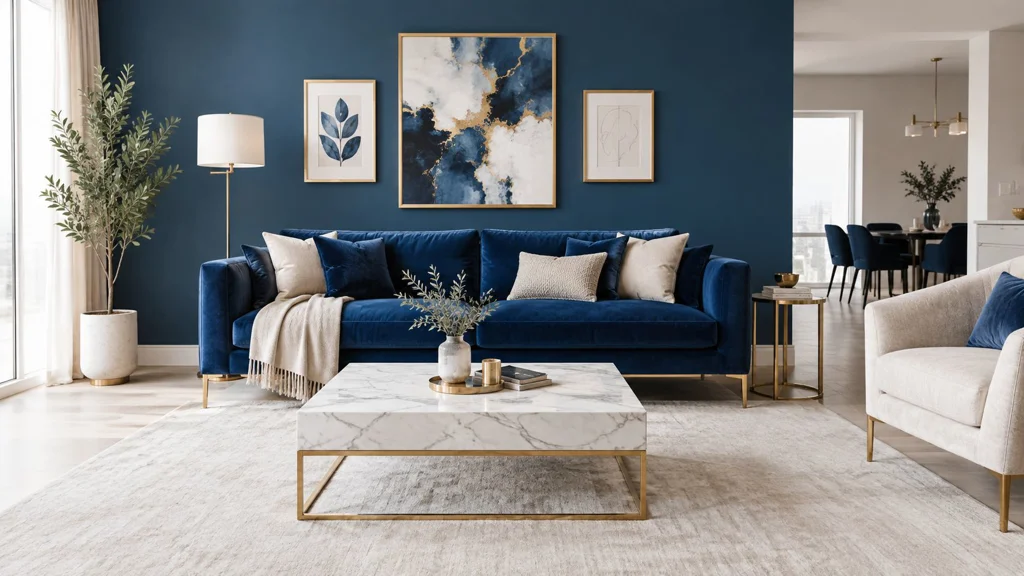 A luxurious living room featuring a navy blue velvet sofa, gold accents, and elegant marble coffee table A luxurious living room featuring a navy blue velvet sofa, gold accents, and elegant marble coffee table.