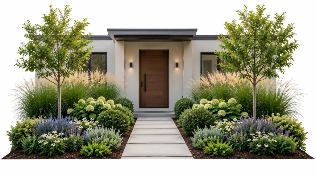 Layered front garden planting around a modern home entrance A modern home entrance with professional landscaping, lush green plants, blooming flowers, and a paved walkway.