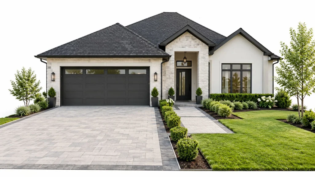Modern house with a landscaped front yard and defined hardscaping A modern single-story house featuring a dark garage, white stone exterior, and a manicured landscaped front yard.