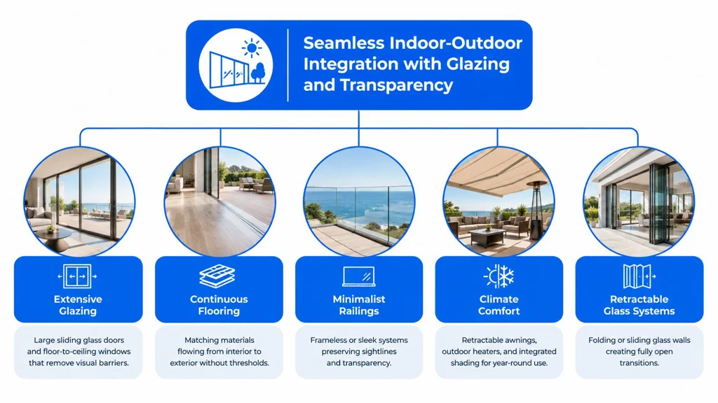 Design principles for seamless indoor-outdoor integration A diagram illustrating design principles for seamless indoor-outdoor integration using glazing, flooring, railings, climate control, and glass walls.