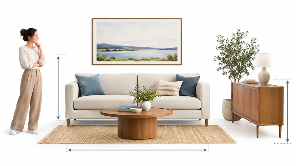 A woman standing next to a beige sofa, framed landscape artwork, and wooden console table in room A woman standing next to a beige sofa, framed landscape artwork, and wooden console table in room.