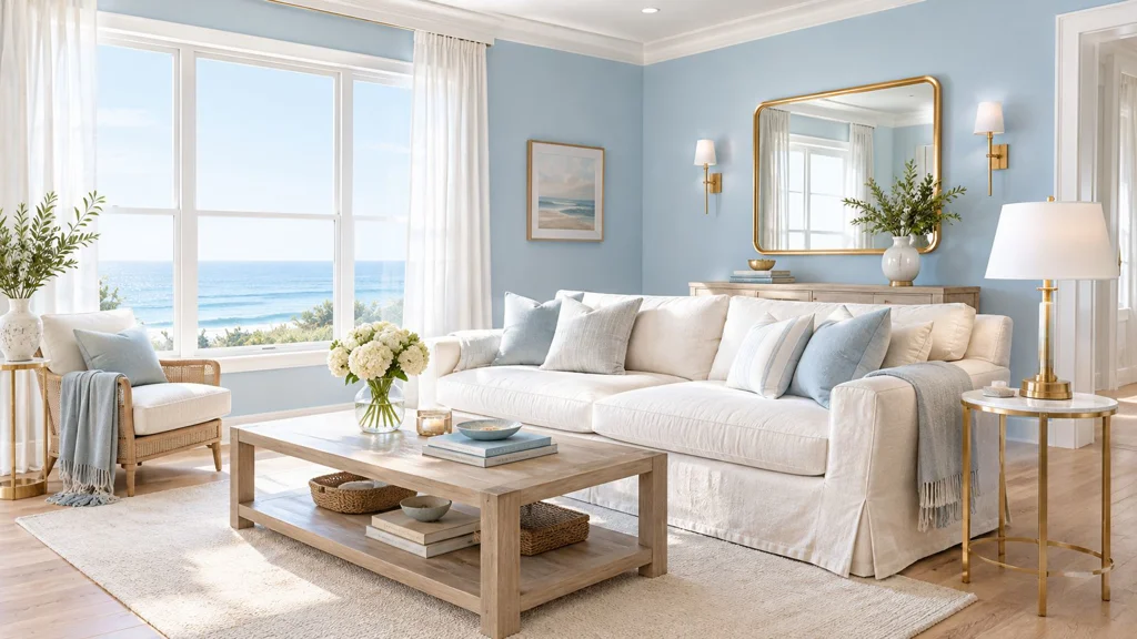 A serene coastal living room featuring soft blue walls, a white sofa, and a scenic ocean view A serene coastal living room featuring soft blue walls, a white sofa, and a scenic ocean view.