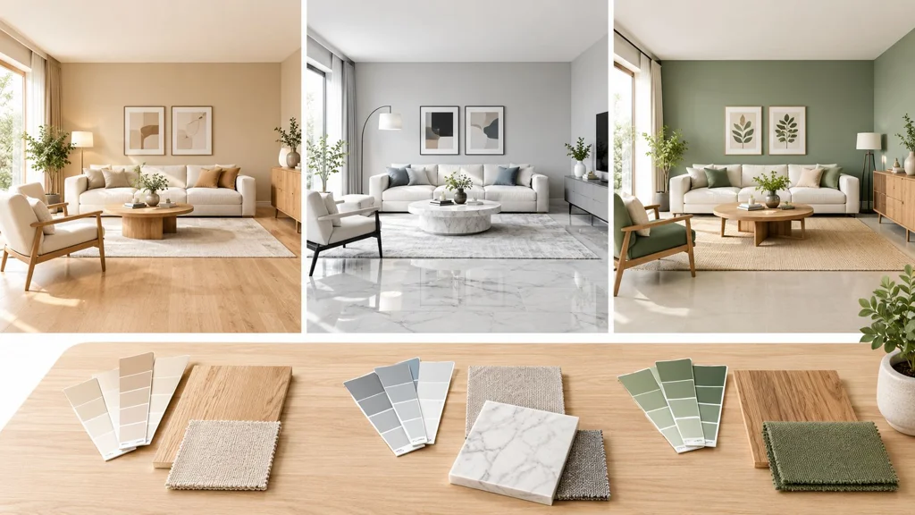 Diseños de salones modernos con muestras de pintura, madera y tejidos Un collage que muestra tres diseños de salones modernos junto con sus correspondientes muestras de pintura, madera y tejidos.