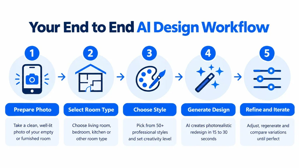 El flujo de trabajo de diseño de interiores con IA en cinco pasos Una infografía de cinco pasos que muestra el flujo de trabajo integral de diseño de interiores con IA para rediseñar estancias.
