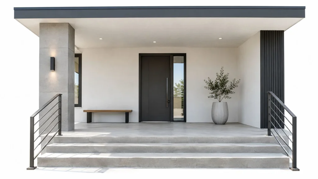 Minimalist modern front entrance with concrete steps and a wooden bench A modern home entrance featuring a dark front door, concrete steps, a wooden bench, and a potted plant.