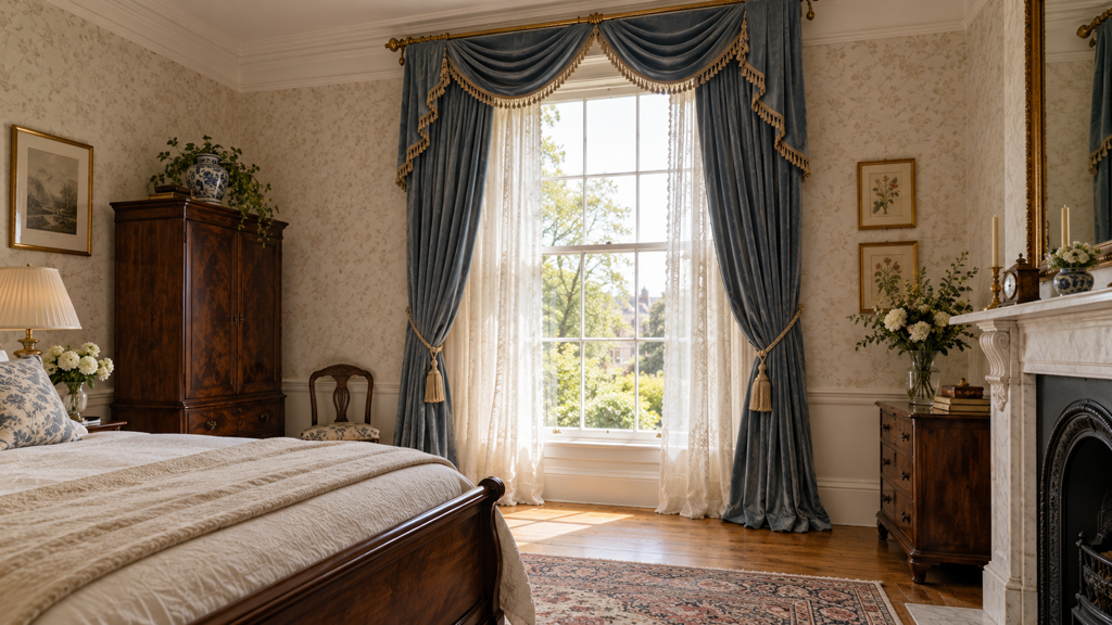 Layered Window Treatments with Swags and Tassels