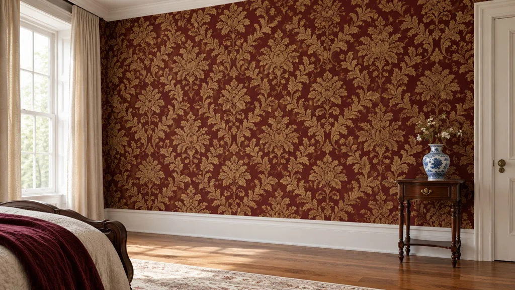 A sophisticated bedroom featuring rich damask wallpaper, a dark wood side table, and elegant traditional home decor.