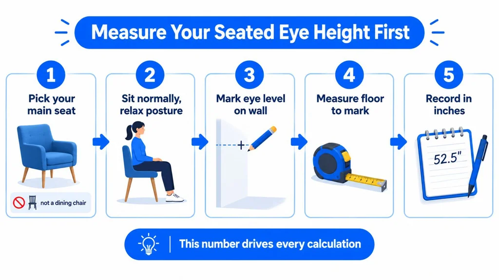 A 5-step instructional guide showing how to measure seated eye height for proper television mounting.