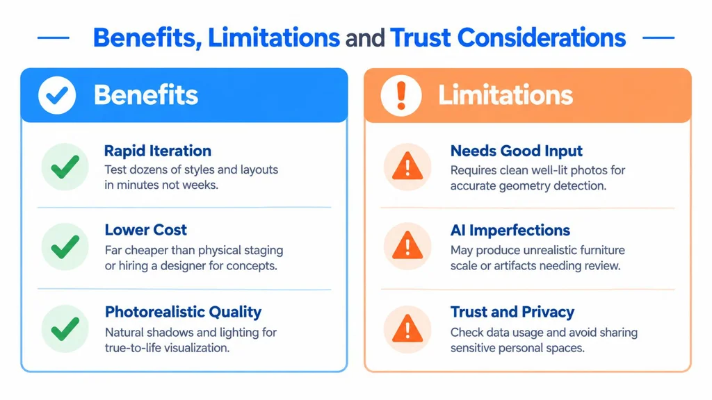 Ventajas, limitaciones y consideraciones sobre la confianza en el diseño de interiores con IA Un gráfico comparativo que presenta las principales ventajas, limitaciones y consideraciones sobre la confianza al utilizar IA para el diseño de interiores.