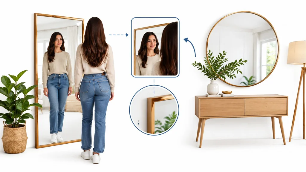 A woman standing in front of a floor mirror next to a console table with a round mirror A woman standing in front of a floor mirror next to a console table with a round mirror.