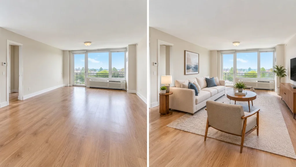 A side-by-side comparison of an empty living room and a professionally virtually staged living room.