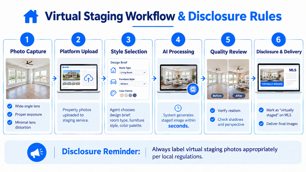 A six-step infographic detailing the virtual staging workflow process from photo capture to final MLS disclosure delivery.