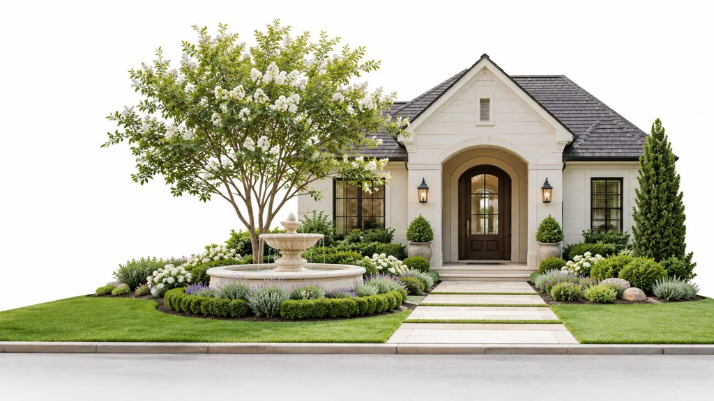 Front yard landscaping with a central fountain focal point A luxurious house exterior featuring beautiful landscaping, a central water fountain, and elegant architectural design features.