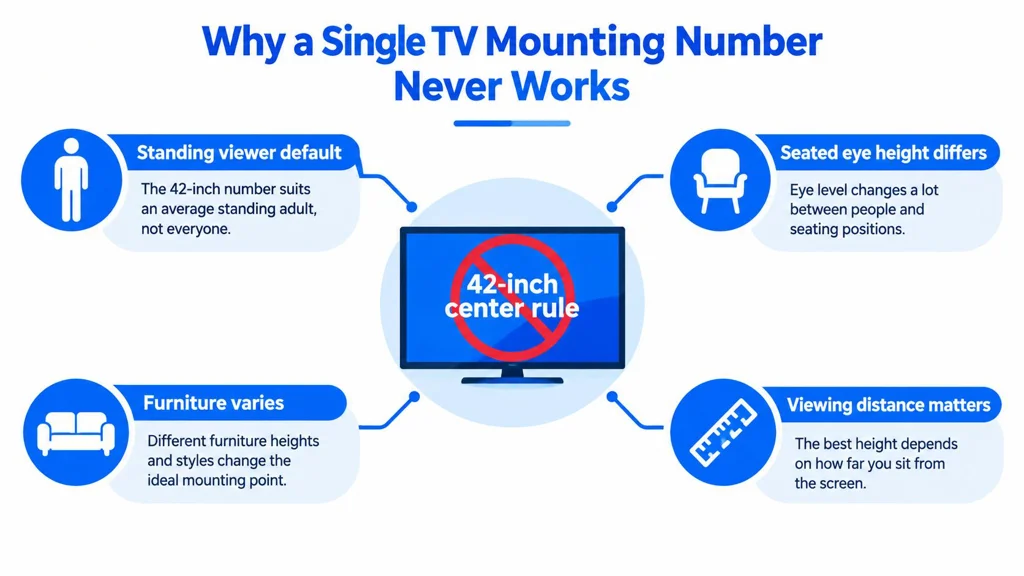 An infographic explaining why a single TV mounting height rule is ineffective for different living spaces.