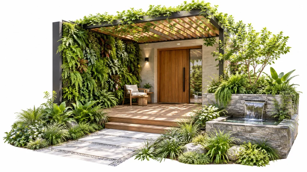 Biophilic front entrance with a living green wall and water feature A modern entrance featuring a wooden deck, a living green wall, and a stone water feature.