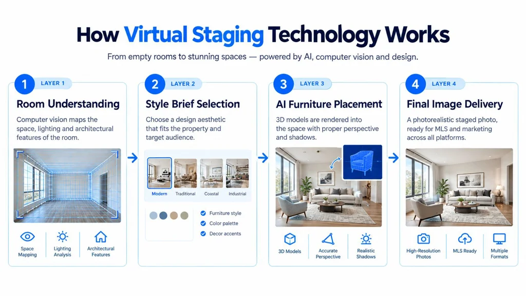 A four-step infographic illustrating how virtual staging technology uses artificial intelligence to transform empty rooms into furnished spaces.