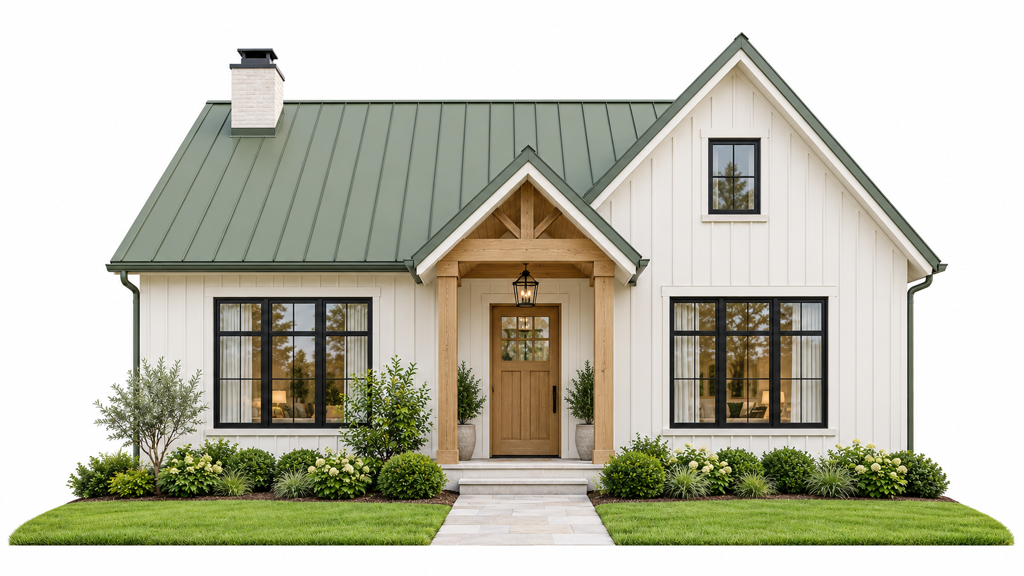 Soft White or Off-White House with Green or Sage Roof