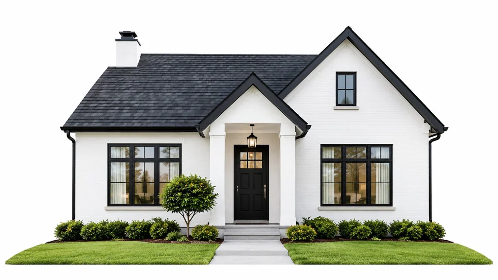 A beautiful white brick modern farmhouse with a dark grey roof and manicured green landscaping A beautiful white brick modern farmhouse with a dark grey roof and manicured green landscaping.