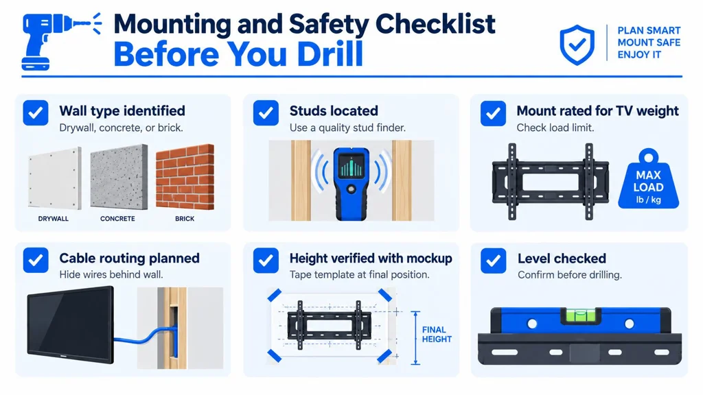 A safety checklist infographic illustrating six essential steps to follow before drilling for TV wall mounting.