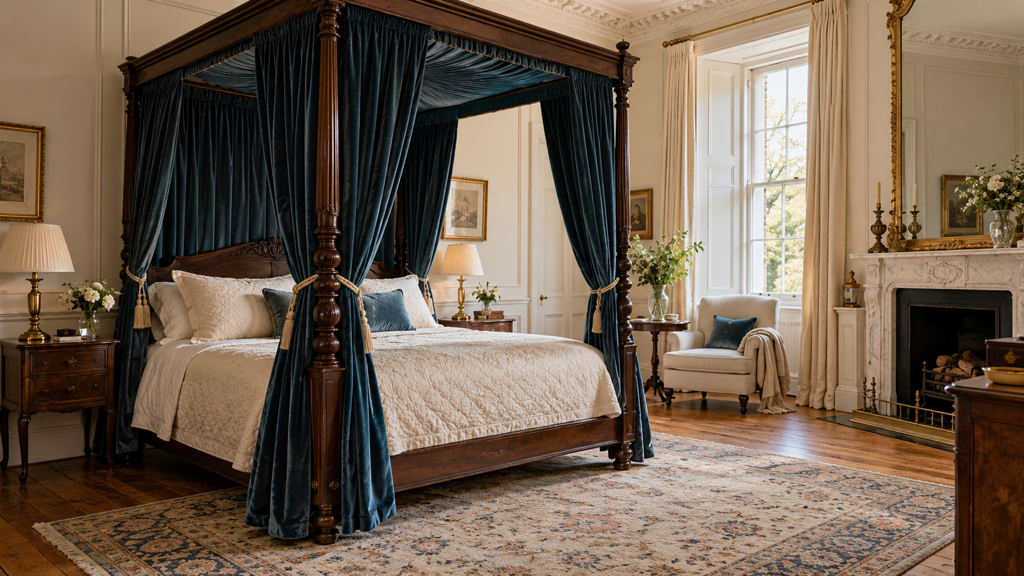 Classic Four-Poster Canopy Bed with Velvet Drapes