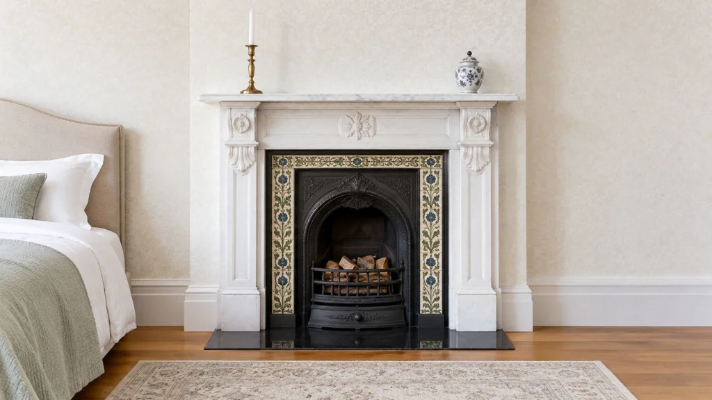 A sophisticated bedroom featuring a white marble Victorian fireplace mantel with decorative floral tiles and cast iron insert.
