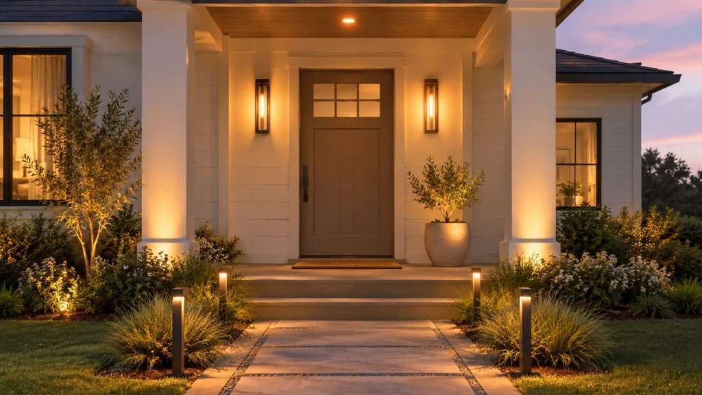 Warm entryway and landscape path lighting at sunset A warm and inviting modern home entrance with glowing landscape path lights at sunset.