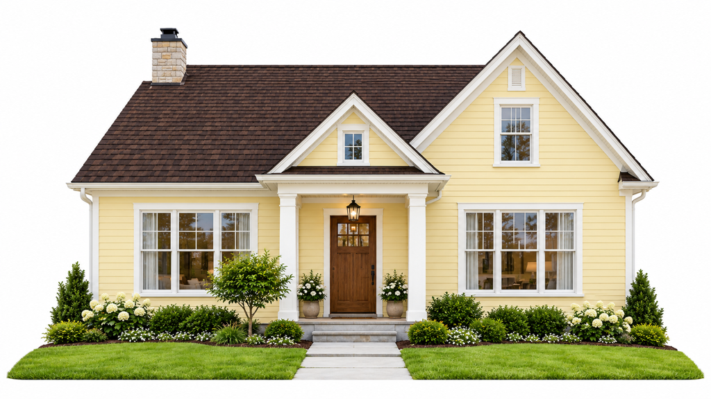Pale Yellow or Butter House with Black or Dark Brown Roof