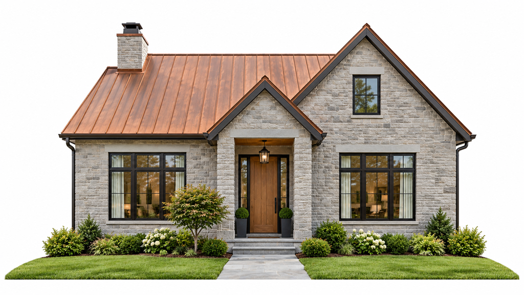 Stone Gray or Charcoal House with Copper or Bronze Metal Roof