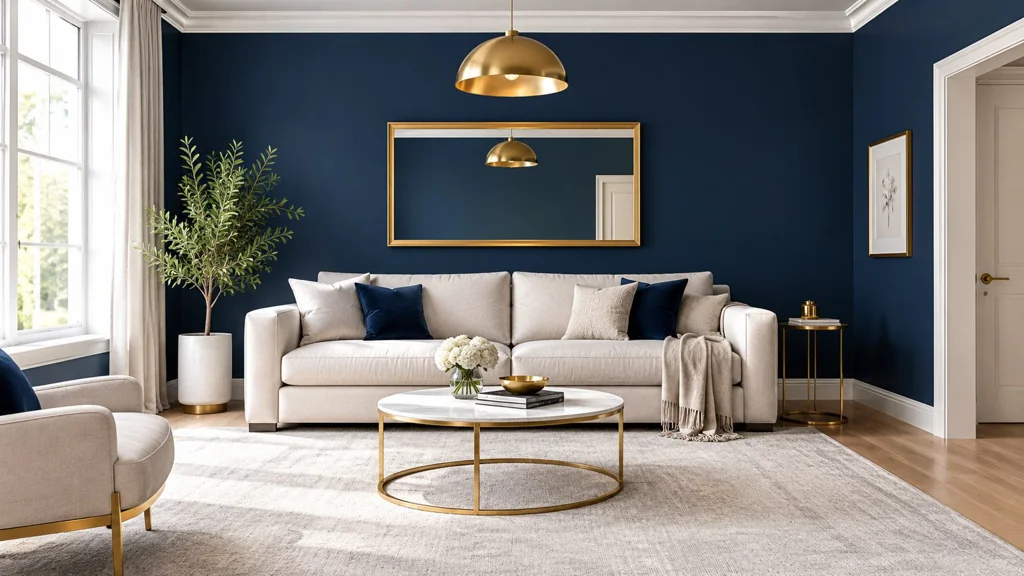 A modern living room with a beige sofa, gold accents, and a navy blue statement wall A modern living room with a beige sofa, gold accents, and a navy blue statement wall.