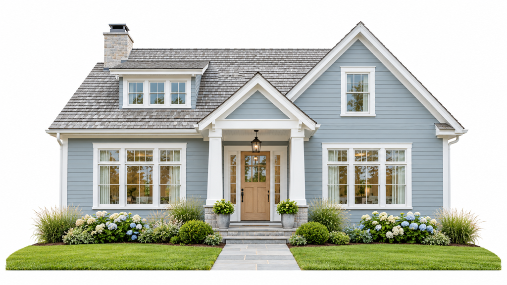 Soft Blue or Coastal Gray House with Light Gray or Weathered Roof