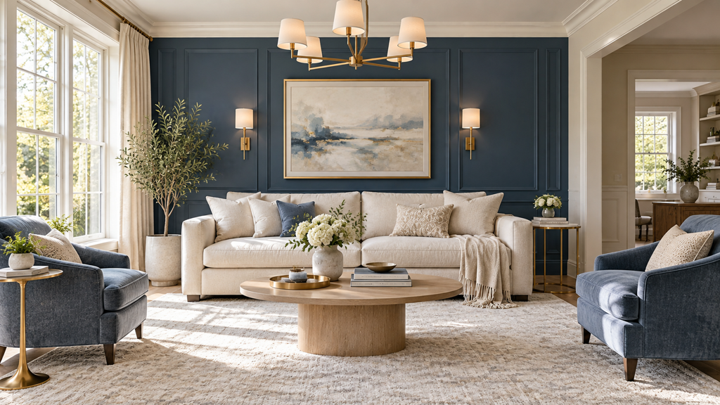 Art Deco Revival with Deep Blue and Brass Gold