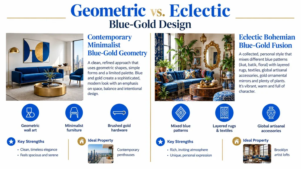 A comparison graphic showing contemporary minimalist blue and gold geometric design versus eclectic bohemian blue and gold fusion A comparison graphic showing contemporary minimalist blue and gold geometric design versus eclectic bohemian blue and gold fusion.